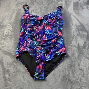 Yonique Swimsuit Womens 18W One Piece Blue Pink Tropical Floral Ruched Padded